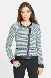 Lafayette 148 New York Harmonia Leather Trim Stripe Tweed Jacket