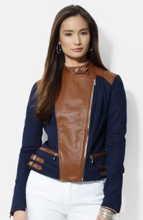 Lauren Ralph Lauren Asymmetrical Two Tone Cotton & Leather Moto Jacket