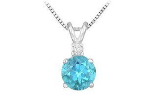 Diamond and Created Blue Topaz Solitaire Pendant 14K White Gold   1.00 CT TGW Fine Jewelry Vault Jewelry