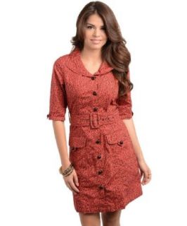 247 Frenzy Button Front Animal Print Belted Dress   Brick (Small) Clothing