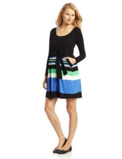 Olian Women's Maternity Stripe Skirt Dress with Pockets, Blue/Gray/Green, Large Clothing