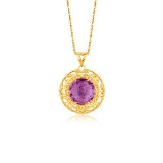 Italian Design 14K Yellow Gold Lace Pendant with Round Amethyst Jewelry