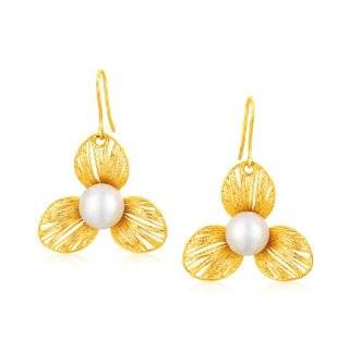 Italian Design 14K Yellow Gold Filament Trefoil Pearl Earrings Jewelry