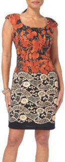 London Times Petite Lace Print Texture Knit Dress 4 Black/copper orange multi