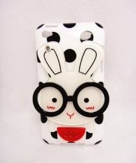Makeup Mirror   White 3D Cute Lovely Glasses Shy Bunny Rabbit Black Dot Pattern Case Cover For iPod Touch 4g 4 4th Gen Cell Phones & Accessories