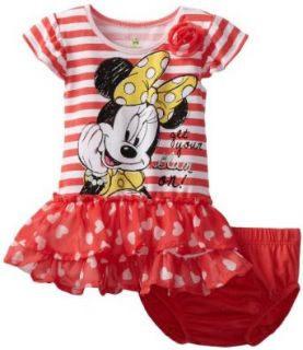 Disney Baby Girls Infant 2 Piece Stripped Minnie Mouse Dress And Panty, Pink, 12 Months Clothing