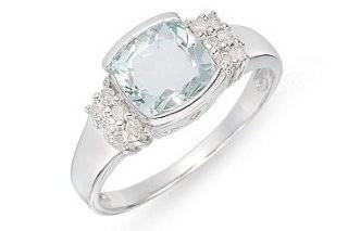 1 Carat Cushion Cut Aquamarine and Diamond 14K White Gold Ring Jewelry