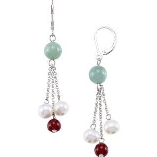 Sterling Silver Freshwater Pearl, Red Agate and Jade Earrings Jewelry