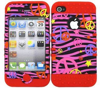 3 IN 1 HYBRID SILICONE COVER FOR APPLE IPHONE 4 4S HARD CASE SOFT RED RUBBER SKIN ZEBRA PEACE RD TE322 S KOOL KASE ROCKER CELL PHONE ACCESSORY EXCLUSIVE BY MANDMWIRELESS Cell Phones & Accessories