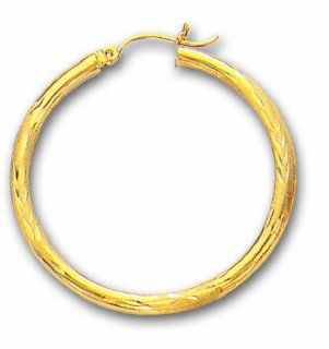14K Yellow Gold 3x35mm (0.12"x1.38") Polished Diamond Cut Round Tube Hoop Fancy Earrings Jewelry