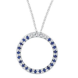 Diamond and Blue Sapphire Circle Pendant Necklace 14k White Gold Allurez Jewelry