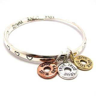 Inspirational Engraved Bangle Bracelet Silver Tone Metal with True, Love, Waits Charms Jewelry