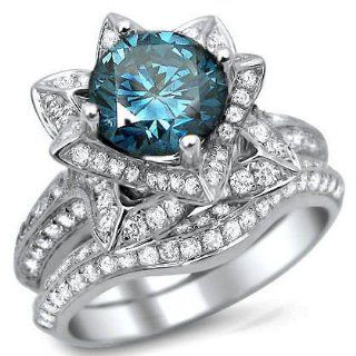 3.0ct Blue Round Diamond Lotus Flower Engagement Ring Set 14k White Gold With a 1.55ct Center Diamond and 1.45ct of Surrounding Diamonds Jewelry