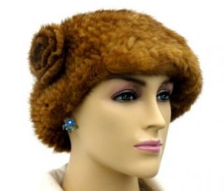 Knit Mink Beret Hat with Rosette   Whiskey