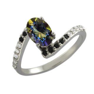 1.19 Ct Oval Blue Mystic Topaz Black Diamond 14K White Gold Ring Jewelry