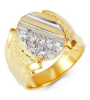 Mens 14k Yellow White Gold Round CZ Crown Cut Ring Jewelry