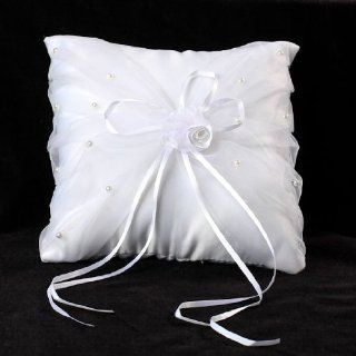 White Square Wedding Ring Bearer Pillow with Satin Bow and Tiny Seed Pearls   7 X 7 Inches  Wedding Ceremony Accessories  