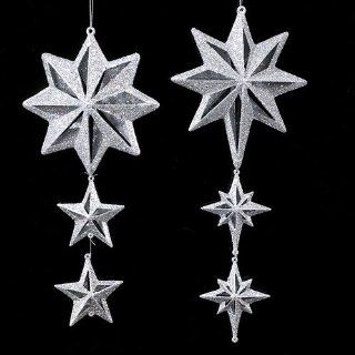 Set of 4 Crystal Elegance Dangling Silver Glitter Star Christmas Ornaments   Decorative Hanging Ornaments