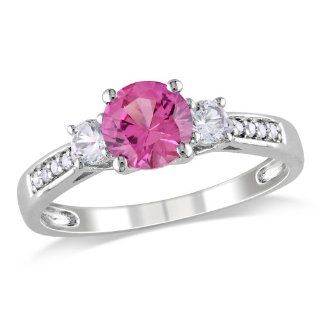 10k White Gold Created Pink Sapphire, Created White Sapphire and Accent Diamond Ring (0.05 Cttw, G H Color, I2 I3 Clarity) Jewelry