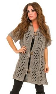 Glamour Empire Women's Buttoned Side Cuts Crochet Knit Cardigan Cape Sweater 426 (US 10/12/14, Beige) Clothing