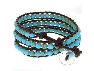 24" Blue Beads on Brown Leather Wrap Bracelet with Snap Button Lock