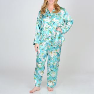 La Cera Womens Plus Teal Floral Pajama Set