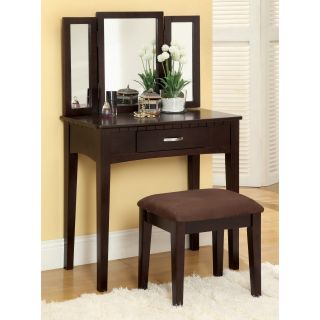 Furniture Of America Jade 2 piece Solid Wood Vanity Table And Stool Set (Solid wood, fabric, glassFinish EspressoUpholstery materials Poly/cotton fabricUpholstery color ChocolateVanity features an 3 sided mirror and one generously sized drawerBrushed n