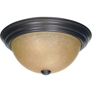 Glomar 2 Light 13 in. Mahogany Bronze Flush Mount with Champagne Linen Washed Glass Shade HD 1256