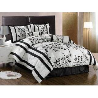   Bedding 7 Pieces Beige and Black Asian Bamboo Floral Comforter Set