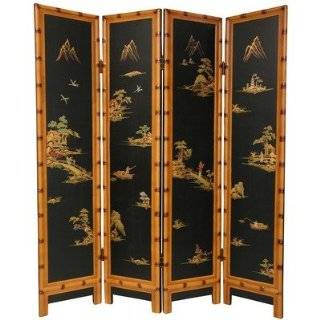   Room Divider   6ft. Ching Black Lacquer Asian Landscape Floor Screen
